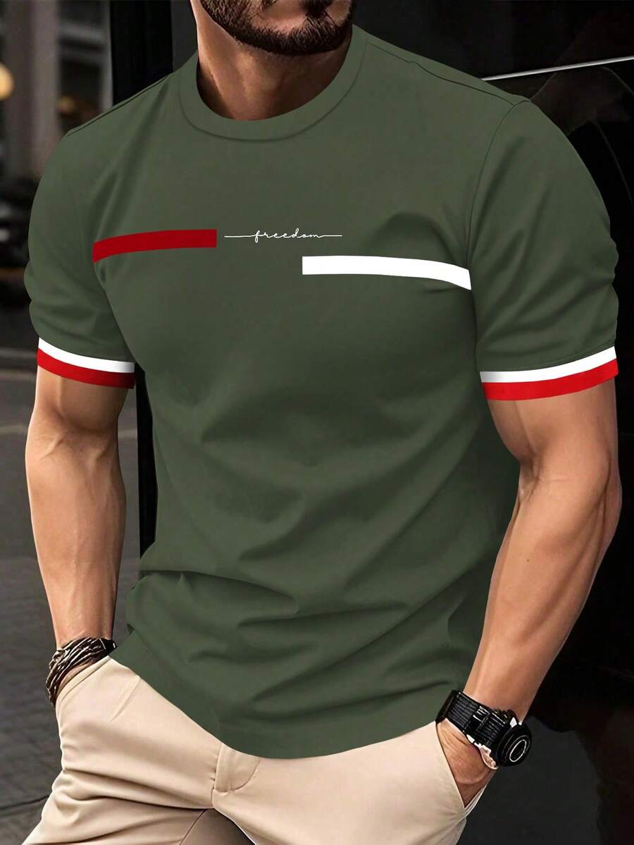 Manfinity Homme 男士字母條紋印花圓領短袖T恤,適合日常穿著 - 綠色 - 查看 1