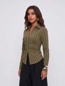 Avantive Women's Long Sleeve Striped Waist-Cinching Shirt - Multicolor - View 4