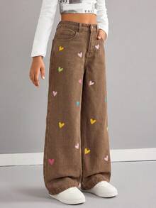 SHEIN Tween Gir LY2k 彩色愛心刺繡圖案棕色寬鬆寬腿牛仔褲，適合女童上學穿著 - 棕色 - 查看 4