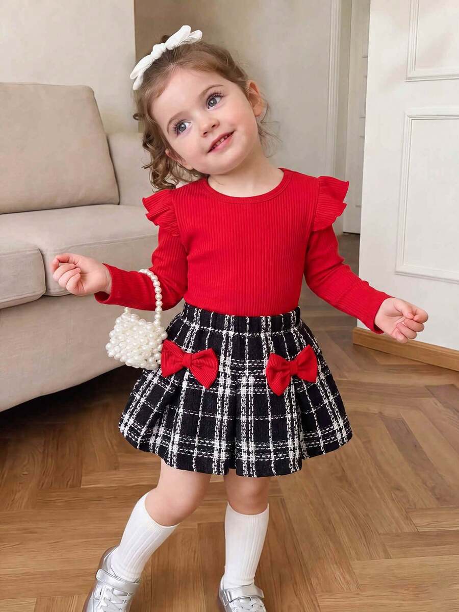 SHEIN BABY 女童 2 件套秋季幼童女孩紅色羅紋針織荷葉邊長袖 T 恤與格紋百褶蝴蝶結裙裝 秋季服飾 - 紅色 - 查看 1