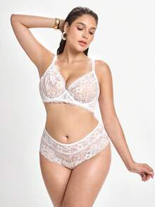Slumbrini 3pcs White Underwire High Support High Coverage Bra + 2 Panties Lace Patchwork Elegant Classic Plus Size Lingerie Set White Lingerie - White - View 3