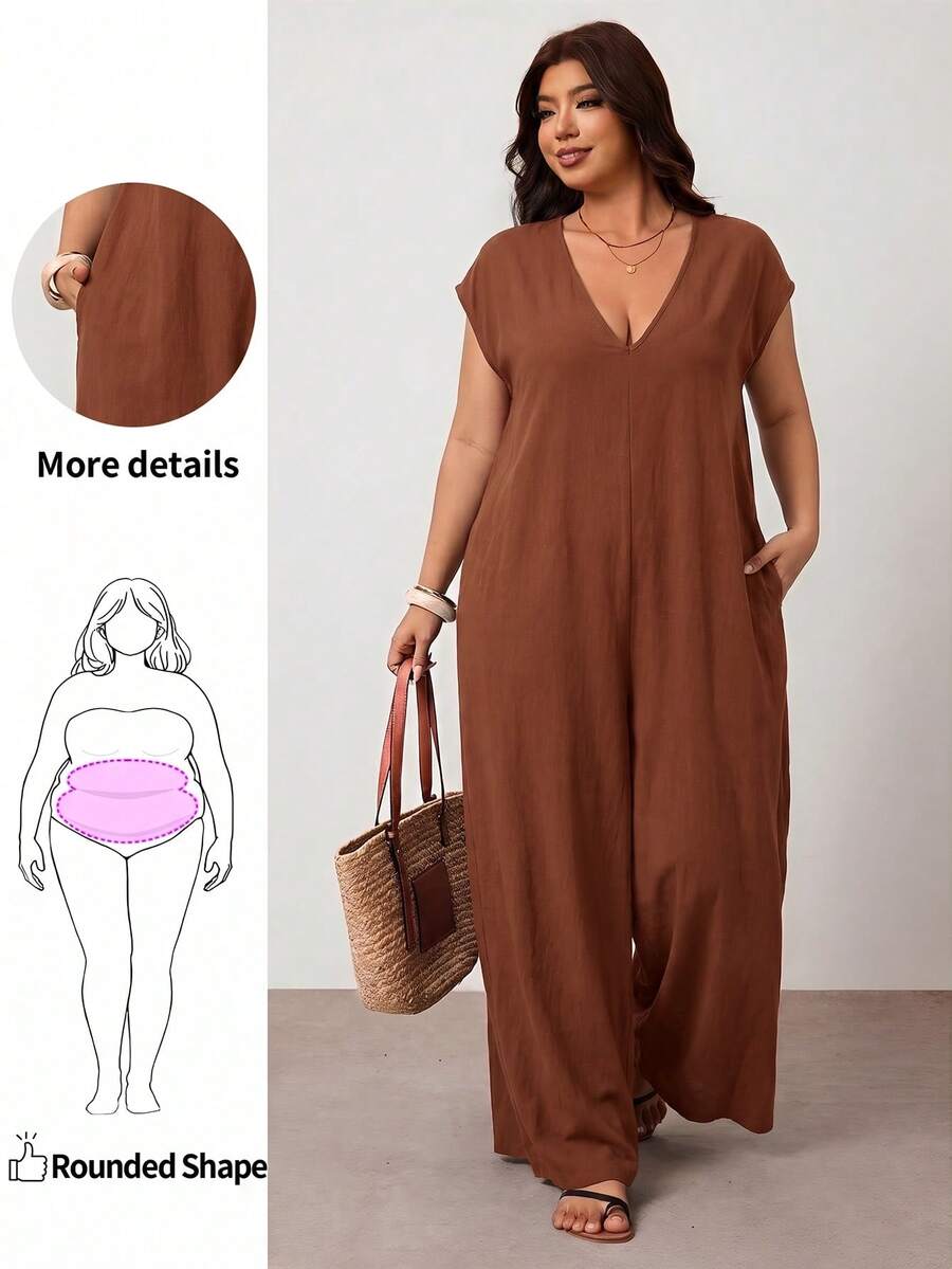 Enliva Plus Size Black Cotton Jumpsuit With Loose V-Neck And Pockets - Brown - View 1