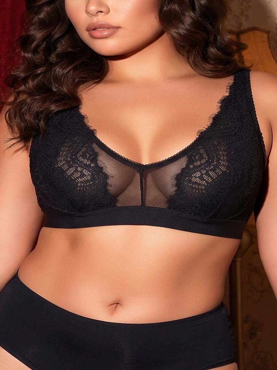 Divavoom Plus Size Lace Contrast Mesh Wire-Free Bralette - Black - View 1