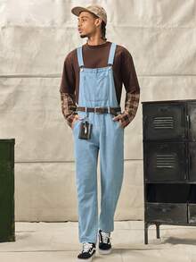 Men's Casual Outdoor Denim Bib Pants - Medium Wash - View 2