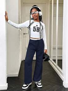 SHEIN Tween Girls Solid Color Straight Leg Casual Knit Pants - Navy Blue - View 4