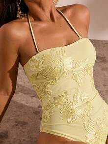 Opulessa Solid Color Knit Fitted Halter Neck One-Piece Swimsuit For Women Bathing Suit - Light Yellow - View 8