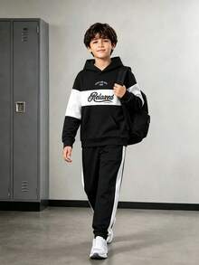 SHEIN Vacaura 大童男孩連帽拼接印花長袖運動衫與運動長褲休閒套裝 - 黑與白 - 查看 8