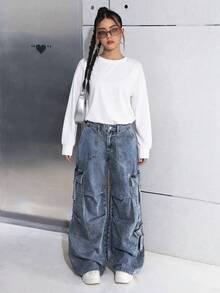 SHEIN 少女蓝色宽松牛仔工装裤 - 中等水洗藍 - 查看 5