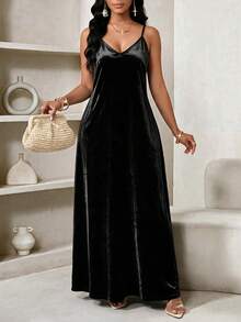 SHEIN Lady Gaun Musim Panas Elegan Ukuran Plus Warna Polos dengan Tali Bahu Tipis untuk Acara Formal Makan Malam Koktail Hitam - Hitam - View 5