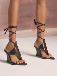 SHUZIA Sandal Wedges Wanita Model Thong dengan Tali Ikat, Sepatu Musim Panas - Chocolate Brown - View 4
