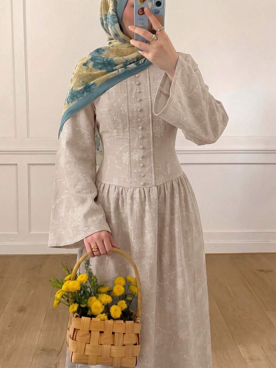 Solavon 女款優雅端莊花卉刺繡中長洋裝 米色 秋季 花園派對晚宴