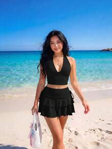 Sweetina 女款純色掛脖上衣與迷你裙時尚度假兩件套，黑色夏季性感熱帶海灘度假風 - 黑色 - 查看 1