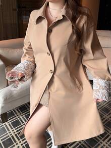 Vibekara Trench Coat Khaki Serbaguna Model Baru Musim Gugur/Dingin dengan Patchwork Kain Renda Lengan Panjang Sedang Ukuran Plus Jaket Trench Coat Musim Gugur - Khaki - View 3
