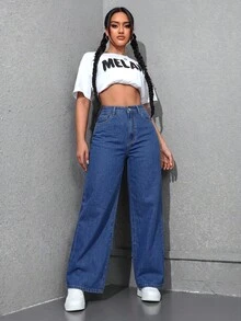 SHEIN Unity 女款大尺碼牛仔女郎春季黑色無彈力修身直筒長褲 春季女裝套裝 - 中等水洗藍 - 查看 7