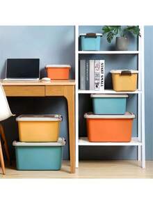 1pc Five Optional Sizes Heavy Duty Plastic Storage Bins With White Lids Side Handles Space Saving Stable Multi Functional Three Color Storage Organizer Box For Clothes Blankets Bedroom Living Room Closet Dorm Household Four Seasons Storage - View 2