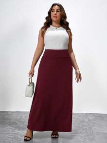 Chikora Plus Solid A-Line Long Black Skirt - Burgundy - View 4