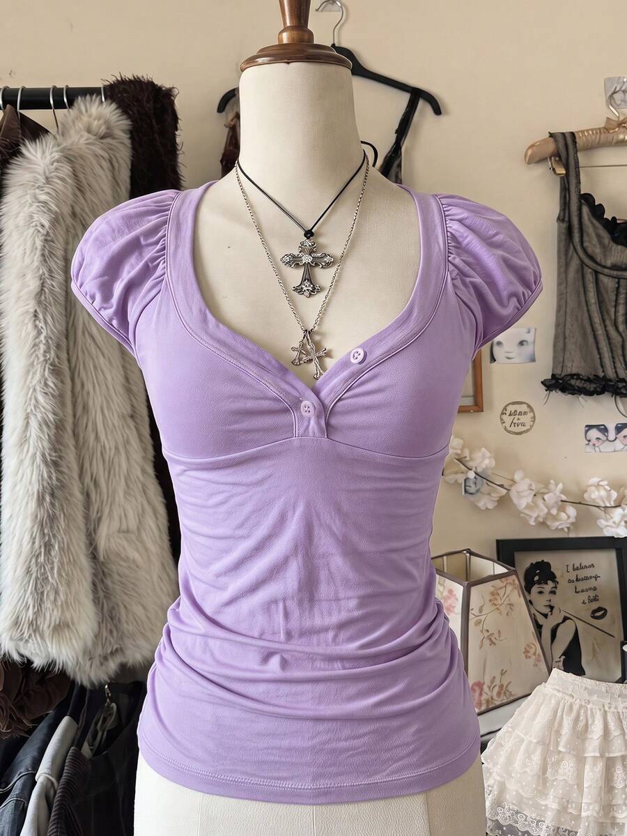Attitoon Women's Summer Casual Solid Color Petal Sleeve T-Shirt - Purple - View 1