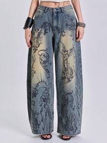 ACID BLVD Celana Jeans Denim Longgar Potongan Lurus Gaya Vintage Washed, Motif Sayap Malaikat Bunda Maria Streetwear Punk Y2K Sepanjang Musim, Motif Bunga dan Slogan, Dicetak di Seluruh Permukaan - Biru - View 5