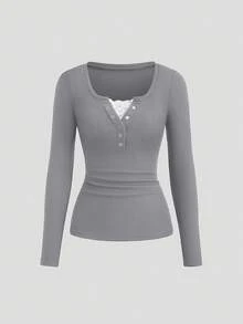 Sweetra 女款秋季半開領鏤空裝飾蕾絲 2 合 1 長袖素色 T-Shirt - 灰色 - 查看 3