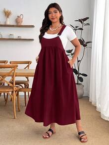 Enliva Plus Size Women's Solid Color Pleated Loose Strap Dress - Burgundy - View 4