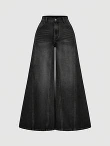 SHEIN MOD 大尺碼時尚鈕扣口袋寬鬆寬腿牛仔褲 - 黑色 - 查看 4