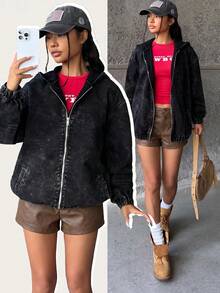 SHEIN 青少年女孩時尚休閒 Y2K 復古酷街頭返校大學風 灰色丹寧鬆身連帽長袖外套，彈性束帶收口設計，柔軟日常穿著，適合青少年女孩秋冬穿搭、電音派對、音樂節與街頭風服飾 - 黑色 - 查看 3