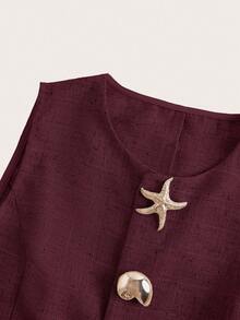 Ellevyn Seashell & Star Button Sleeveless Elegant Blouse,Red Top - Maroon - View 7