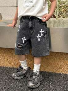 SHEIN Kids Tween Boy Casual Daily Denim Shorts With Cross Pattern And Pockets - Black - View 5
