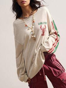 Bohemela 女款字母與龍蝦印花不對稱肩落肩袖休閒T恤 - 彩色 - 查看 6