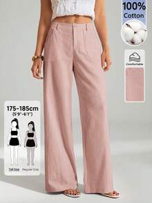 SHEIN Tall 100%水洗棉低腰直筒長褲 - 淺粉色 - 查看 3