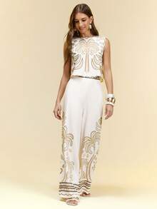 CAJUNI x Carol Peixinho Beige Woven Fabric Round Neck Sleeveless Crop Top With Intricate Print For Women - Beige - View 6
