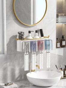 1 Set Wall Mount Toothbrush Holder With 2/3/4 Cups & Toothpaste Dispenser, Punch-Free Creative Bathroom Storage Rack, Convenient Daily Oral Care Organizer For Toothbrush, Toothpaste And Wash Supplies - Multicolor - View 9