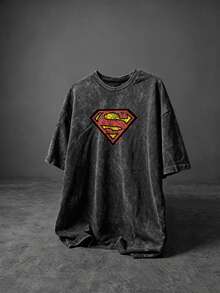 SUPERMAN X SHEIN 男士字母印花短袖運動T恤 - 黑色 - 查看 1
