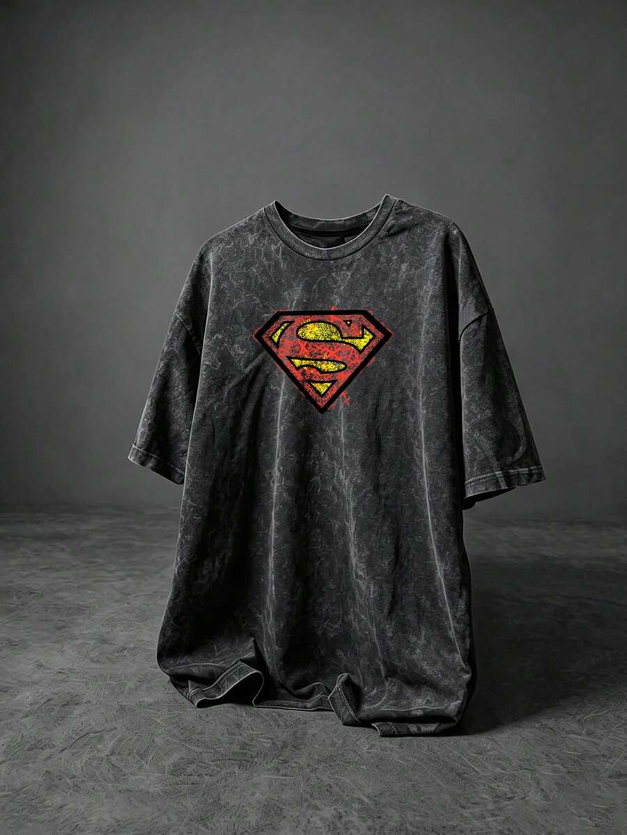 SUPERMAN X SHEIN 男士字母印花短袖運動T恤 - 黑色 - 查看 1