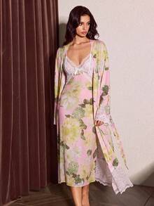 Slumberist Women's Lace Patchwork Cami Dress And Long Sleeve Cardigan Casual Loungewear Pajama Set - Pink - View 6