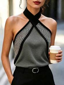 RosyDaze Women's Geometric Pattern Fashion Halter Neck Knit Top - Multicolor - View 4
