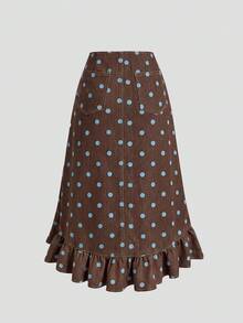 SHEIN PETITE Women's Polka Dot Print Drawstring Ruffle Hem Denim Skirt - Brown - View 2
