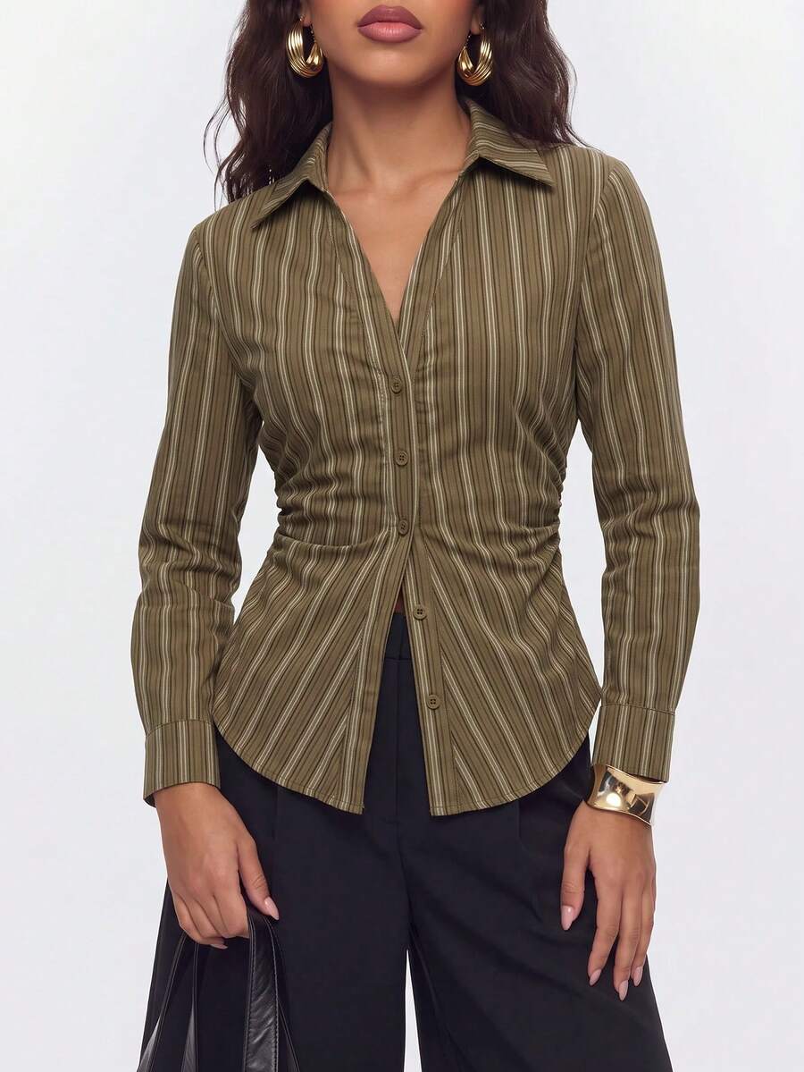 Avantive Women's Long Sleeve Striped Waist-Cinching Shirt