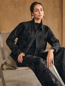 Anewsta Women's New Fashion Glamorous Sparkling Rhinestone Black Jeans Jacket - Black - View 5