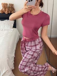Napfluff Casual Home & Streetwear Plaid Knit Short Sleeve Women's Pajama Long Pants Set - Mauve Purple - View 5