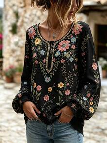 Selamara Floral Print Lantern Sleeve Casual Loose Fit Top - Black - View 3