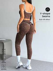 Dewbera Dewbera 2 Potong Set Olahraga, Atasan Tank Top Yoga Fitness Ketat Tanpa Jahitan, Legging Lari Olahraga Blok Warna Pinggang Tinggi - Coklat - View 3