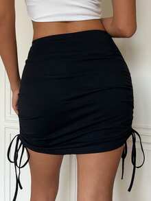 SHEIN EZwear 女款性感純色交叉腰褶皺綁帶針織迷你裙 - 黑色 - 查看 2