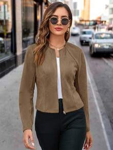 Editum Chaqueta de unicolor con cremallera delantera para otoño/invierno - Marrón - Ver 1