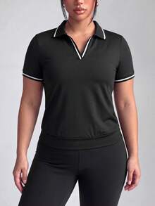 SHEIN Velisys Women's Plus-Size Striped V-Neck Short-Sleeve Sports T-Shirt Casual Alternative Kawaii, Versatile, And Color-Block Design Gym Black Summer - Black - View 3