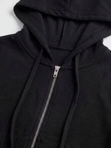 INAWLY Chaqueta con capucha de manga larga con cremallera y bolsillo delantero de unicolor para mujer, otoño - Negro - Ver 4