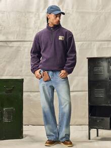 Norleigh Men Quarter Zipper Front Patched Flannelette Loose Sweatshirt, For Fall Winter, Long Sleeve Top - Violet Purple - View 4