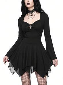 ROMWE Goth Vestido mini asimétrico con decoración de cruz gótica, Halloween - Negro - Ver 1