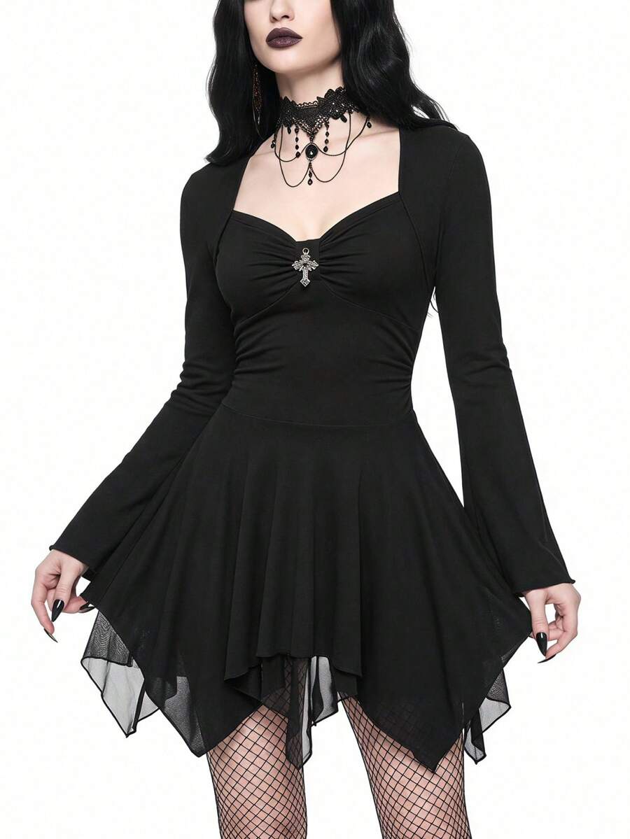 ROMWE Goth Vestido mini asimétrico con decoración de cruz gótica, Halloween - Negro - Ver 1