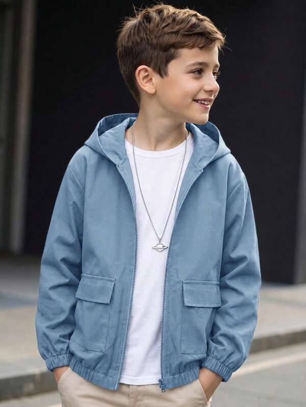 SHEIN Kids Tween Boy Casual Hooded Versatile Misty Blue Cargo Pocket Jacket Coat, Suitable For Commuting, School, Daily Casual Outings, Sports, Autumn/Winter
